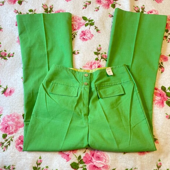 DEADSTOCK 1970s vintage green pleated fake pocket double button flare pants! - Picture 13 of 15